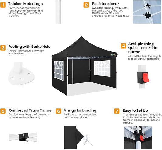 COBIZI 10x10ft Pop Up Canopy with 4 Removable Sidewalls, Easy Up Commercial Gazebos, Waterproof and UV50+ Gazebo with Portable Bag, Adjustable Leg Heights, Tents for Parties, with 4 sandbags
