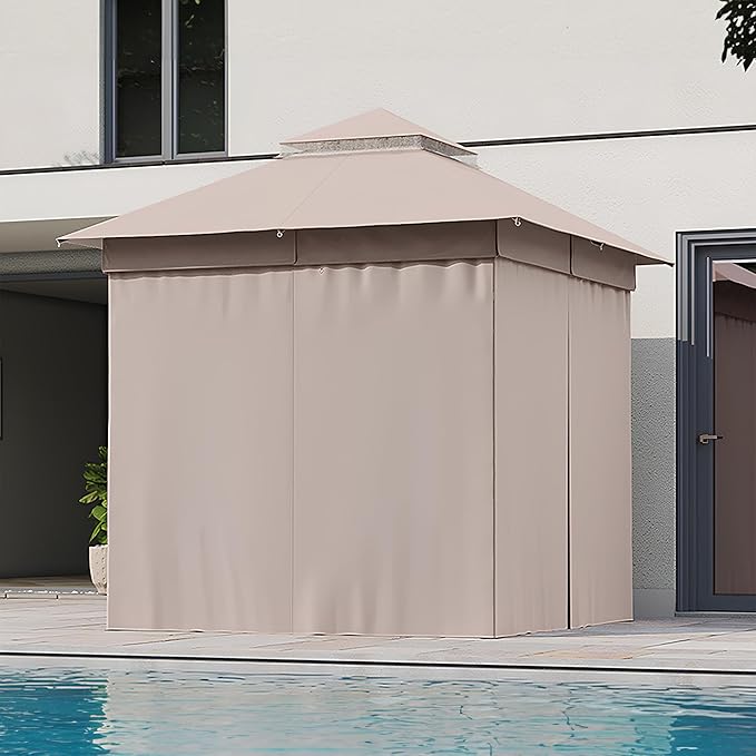 LAUSAINT HOME Gazebo 8x8ft, Heavy Duty Patio Gazebo with Expansion Bolts, Party Canopy Tent with Double Roofs, Mosquito Nettings and Privacy Screens for Backyard, Garden, Lawn, Khaki