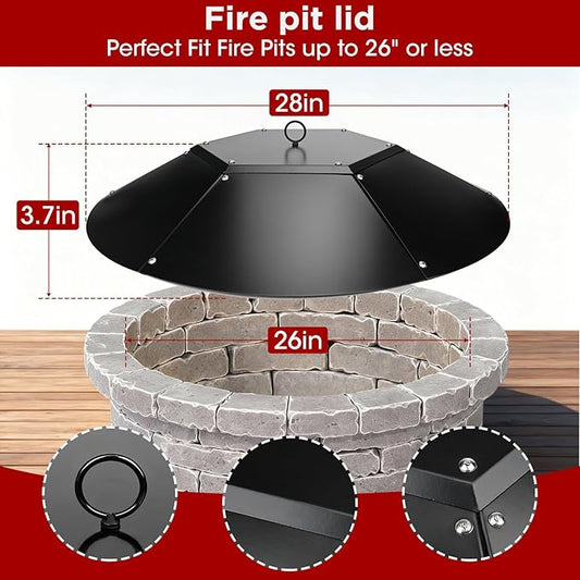 28 inch Fire Pit Lid Round,Metal Fire Pit Lid with Handle & Poker Fits for Fire Pits up to 26",Outdoor Firepit Lids Heavy Duty for Firepit Replacement Kit Accessory-Black