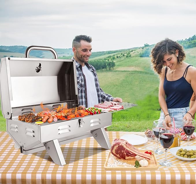 ROVSUN 12000BTU Portable Gas Grill, Outdoor Tabletop Propane Grill with Built-in Thermometer, Press Ignition & Full Stainless Steel Body for Patio Garden Backyard Camping BBQ Picnic