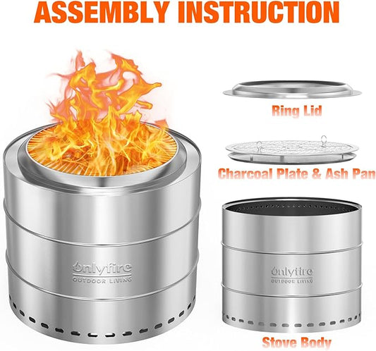 ONLYFIRE OUTDOOR LIVING Wood Burning Fire Pit with Carrying Bag, 19.5” Portable Firepit for Camping Tailgating Patio Backyard Bonfire, Smokeless Fireplace, Stainless Steel FP048
