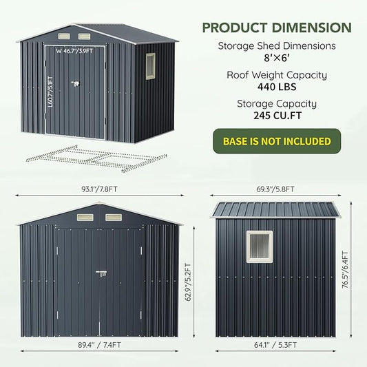 6x8FT Outdoor Metal Storage Shed, Double Door, 1 Clear Window, Tool Shed for Garden, Patio, Backyard Nightblue