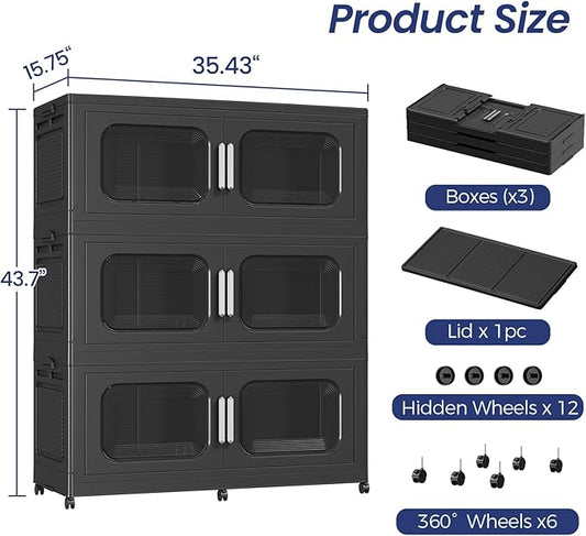 600QT Large Stackable Storage Bins with Lid, 150Gal Plastic Collapsible Closet Organizers Drawers Box with Wheels, Folding Cabinet Containers with Doors for Home Kitchen Office, 3Pack Black