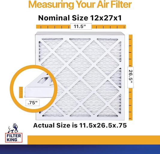 Filter King 12x27x1 Air Filter | 4-PACK | MERV 13 HVAC Pleated A/C Furnace Filters | MADE IN USA | Actual Size: 11.5 x 26.5 x .75"