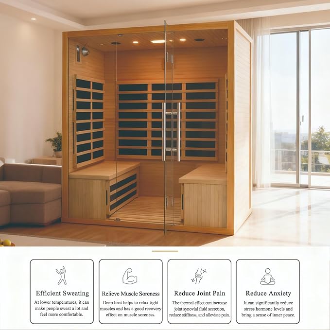 Deluxe Far Infrared Sauna, 3-4 Person, Low EMF Carbon Heaters, Canadian Hemlock Wood, Full-Spectrum, Bluetooth, Chromotherapy Light, 1750x1200x1900mm Gift for Home