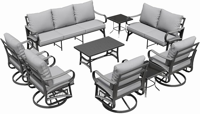 9 Piece Patio Furniture Set, 4 Single Swivel Chairs, Rope Braided Exposed with Thick Cushions, Outdoor All Weather Patio Conversation Sectional Sofa Set for Garden, Porch, Lawn, Grey