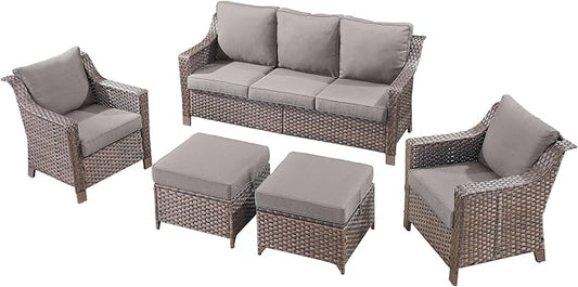 5 Pieces Wicker Patio Furniture Set-Outdoor High Back Sofa with Rattan Wicker Chairs Outdoor Furniture for Porch Garden Backyard Poolside-Brown/Grey