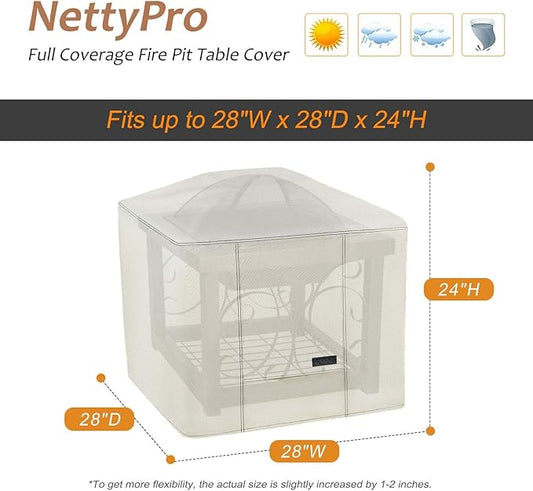 NettyPro Fire Pit Cover Square Waterproof Outdoor Firepit Cover for Gas Propane Fire Pit Table, 28 x 28 x 24 inch, Beige