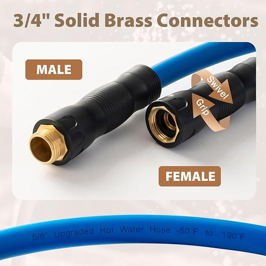 5/8" Hot/Cold Water Hose 3ft, -50℉ to 190℉ Heavy Duty,Flexible,Burst 600 Psi 3/4" Brass Fittings with Swivel Grip Handle for Outdoor,Yard, Farm, Blue