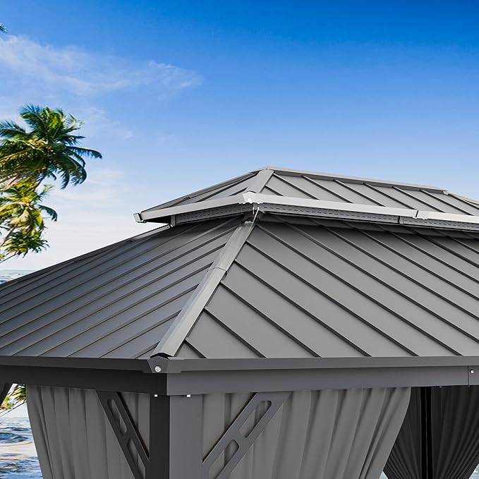 12’x20’ Hardtop Gazebo Outdoor Aluminum Frame Permanent Gazebo Galvanized Steel Double Roof Gazebos with Nettings and Curtains for Patio, Lawns,Backyard, Deck(Grey)