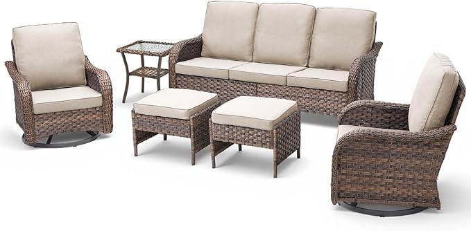 6 Piece Outdoor Patio Wicker Furniture Sets-High Back Patio Conversation Set with Rattan Sofa, Wicker Swivel Rocker Patio Chairs and Thick Cushions Ottomans for Porch Balcony Patio Deck Brown/Beige