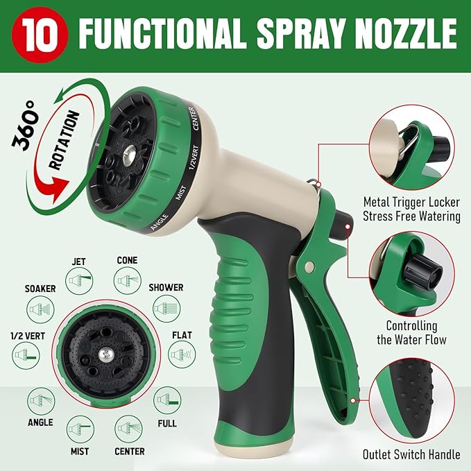 Garden Hose 50ft with 10 Function Nozzle, NON-EXPANDABLE Flexible Water Hose, Kink Resistant Lightweight Hybrid Hose, Leakproof Hose Male to Female Fittings