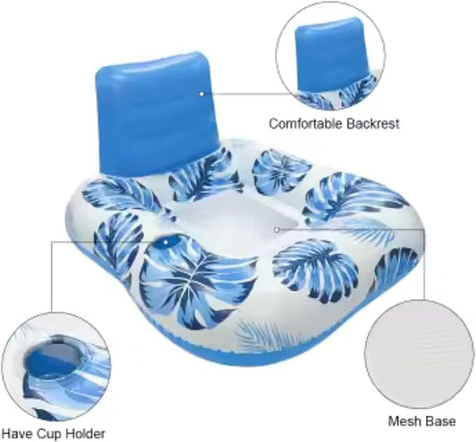 Square Inflatable Pool Lounger with Backrest (Two Pack), Tropical Palm Leaf Float for Adults, Relaxing Pool Raft with Cooling Mesh Seat