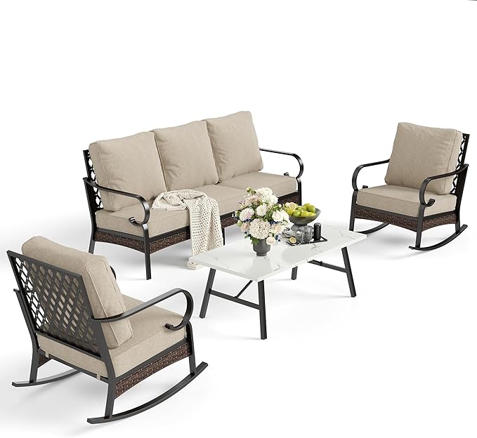 4 PCS Metal Outdoor Patio Furniture Set, Patio Conversation Sets 1 3-Seater Sofa, 2 Rocking Chairs with 5.75" Extra Thick Cushion & Coffee Table, Black Frame Backyard Furniture, Beige