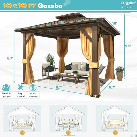 EROMMY 10' x 10' Hardtop Gazebo, Aluminum Frame Gazebos with Galvanized Steel Double Roof, Permanent Outdoor Metal Pavilion with Curtain and Netting for Patio, Lawn, Deck