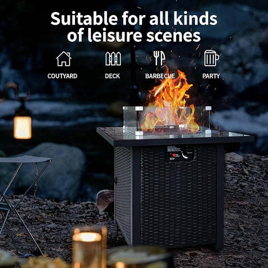 Fire Pit Table 28" Wicker &Rattan Square Propane Outdoor Fire Pit with Lid, Glass Wind Guard, CSA Listed, 50,000BTU, Gas Fire Pit Table for Patio Garden Backyard Deck (Black)