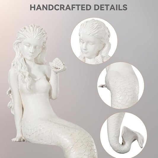 Ultym Mermaid Statue Outdoor, Large 25.6 Inch Garden Sculpture Figurines for Lawn and Patio Decor, Durable MGO Stone Yard Art with Weatherproof Finish for Indoor Decor Christmas Gift Antique White
