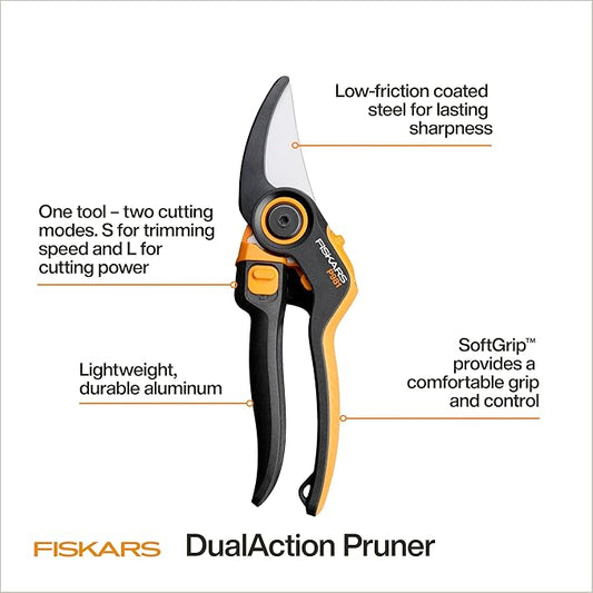 Fiskars DualAction Pruner – Hand Pruner with Two Cutting Modes, Bypass Garden Pruner for Stems and Branches up to 1", Low-Friction Steel Blade, FiberComp Frame