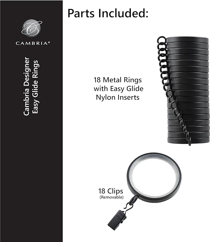 MODE Cambria Designer Series - Premium Easy Glide 18 Count Curtain Rings - Metal with Smooth, Quiet Nylon Inserts with Clips - 2 inch Diameter (1-5/8 inch Inside Diameter) - Brushed Gold