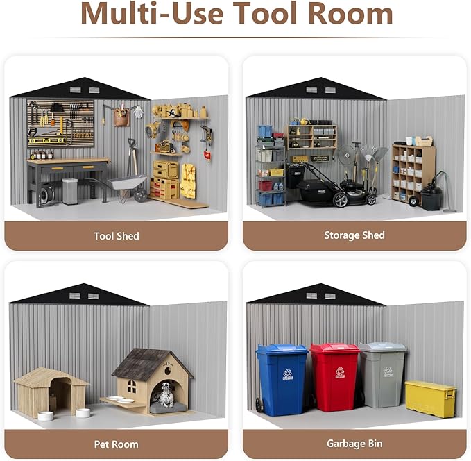 Outdoor Storage Shed 10x12 FT, Metal Garden Shed - Tool Storage Sheds with Lockable Doors, Waterproof Outside Storage Building for Backyard, Patio (Black; Floor Not Included)