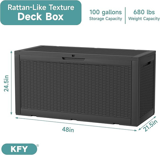 deck box,100-gallon indoor and outdoor storage box made of waterproof and sun-resistant resin material, meeting storage needs for the living room, patio, swimming pool, and toolshed(black)