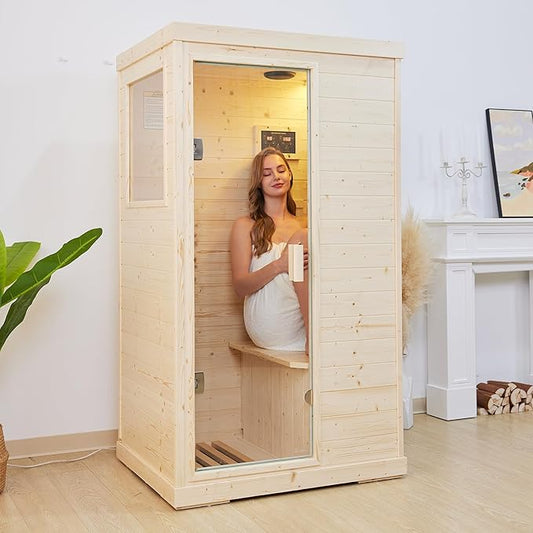 RIGO Sauna Infrared Far Infrared Sauna for Home 1 Person Sauna with Spruce Wood Dry Sauna for Home Sauna Room Low EMF Indoor Sauna for One Person in Home Sauna 900W with Speakers