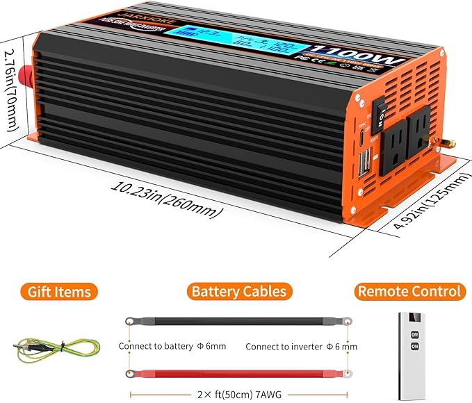 1100 Watt Pure Sine Wave Power Inverter 12V DC to 110V 120V Converter for Family RV Off Grid Solar System Car with Type-C Ports 2 AC Power Outlets Dual USB Ports LCD Display Wireless Remote Control