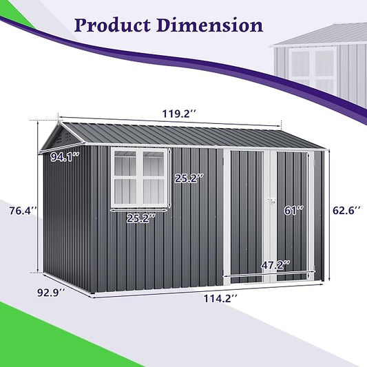 ZMAD Outdoor Storage Shed Metal, Large Garden Tool Sheds Outdoor with Lockable Doors, Waterproof Steel Utility Storage Building (Gray, 8X 10ft /Floor Frame)