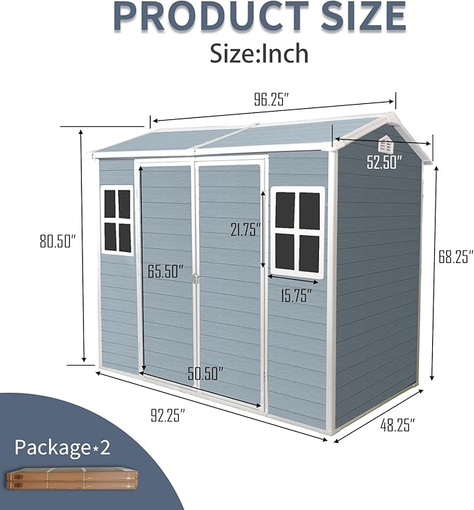 8x4 ft Outdoor Resin Storage Shed with Floor, Waterproof Plastic Garden Shed with Lockable Door and Two Windows, All-Weather Tool Sheds for Backyard, Patio, Lawn (Grey)