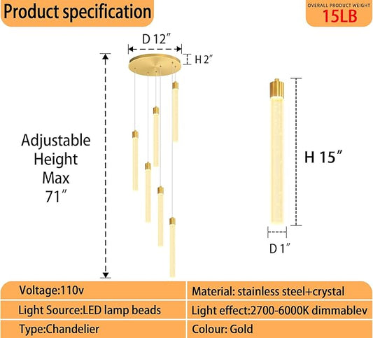 6-Light Modern Gold Crystal Chandelier for Spiral Staircase High Ceiling Chandeliers Bubble Crystal Chandelier Lighting Cluster Hanging Light Fixture for Living Room Foyer