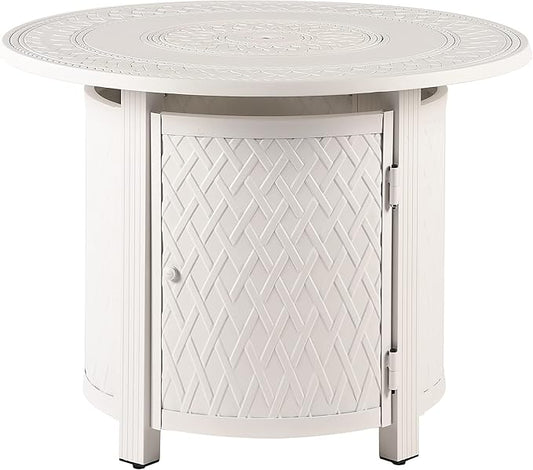 Oakland Living Round 34 in. x 34 in. Aluminum Propane Fire Pit Table with Glass Beads, Two Covers, Lid, 37,000 BTUs in White Finish