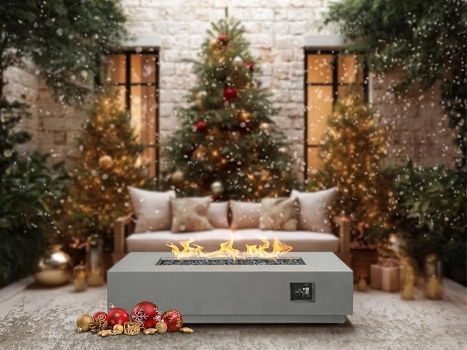 48'' Rectangular Propane Fire Pit Table, 3-in-1 50,000BTU Firepit Table with Griddle for Outside Patio, Backyard Decor, Grey