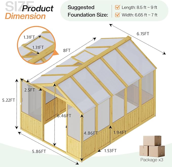 Jocisland 6x8x6.5 Ft Wooden Outdoor Storage Shed, Pre-Assembled Cedar Frame, Outdoor Shed with Lockable Door, Adjustable Roof Vents, Polycarbonate Panels for Outdoor, Garden, Backyard