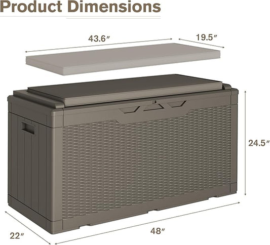 JUMMICO 100 Gallon Resin Deck Box with Cushion, Waterproof Outdoor Storage Box with Lockable Lid for Garden Tools, Patio Cushions (Light Brown)