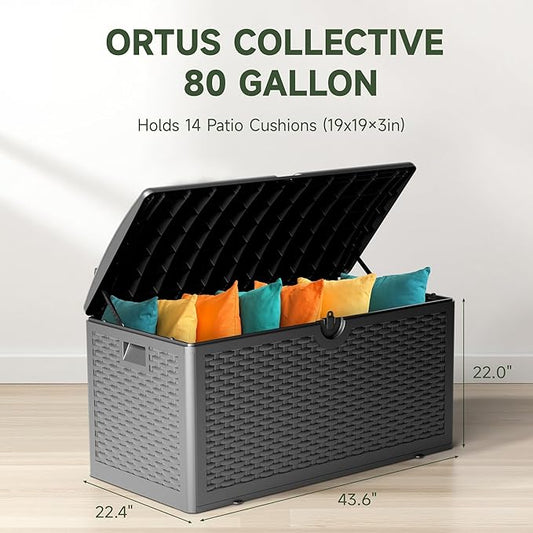 80 Gallon Deck Box, Double Layer Waterproof Resin Outdoor Indoor Storage Box, Lockable & UV Resistant Storage Bin for Patio Furniture, Garden Tools, Pool Accessories (Black)