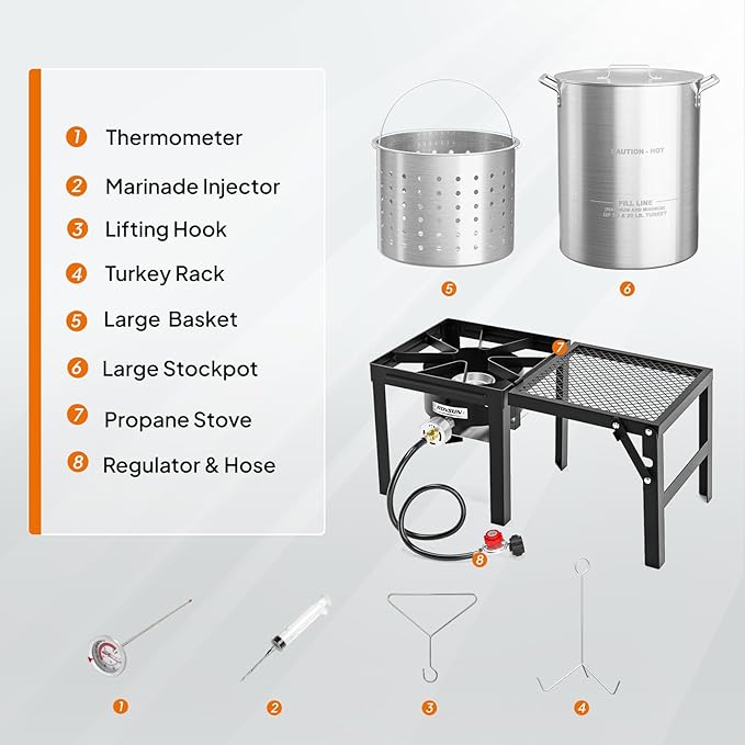 ROVSUN 30QT Turkey Fryer with 55,000BTU Propane Stove, Aluminum Deep Fryer & Seafood Crawfish Boiler Steamer with Basket, Thermometer, Marinade Injector, Turkey Rack & Rack Lifter for Outdoor Cooking