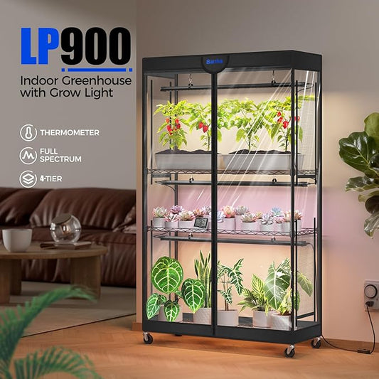 Barrina LP900 Mini Greenhouse with Grow Lights, 4-Tier Plant Stand with135W TX-S45 3FT 3 Dimmable Full Spectrum Lights , Plant Shelf with Tent Timer & Thermometer for Seed Trays 35.4 x 13.8 x 59.1IN