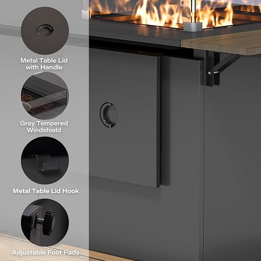 LAUSAINT HOME 64" Gas Fire Pit Table for Outside Patio, 55,000 BTU Propane Firepit with Expandable Tabletop & Wind Guard