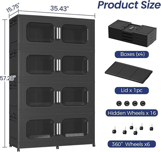 800QT Large Stackable Storage Bins with Lid, 200Gal Plastic Collapsible Closet Organizers Drawers Box with Wheels, Folding Cabinet Containers with Doors for Home Kitchen Office, 4Pack Black