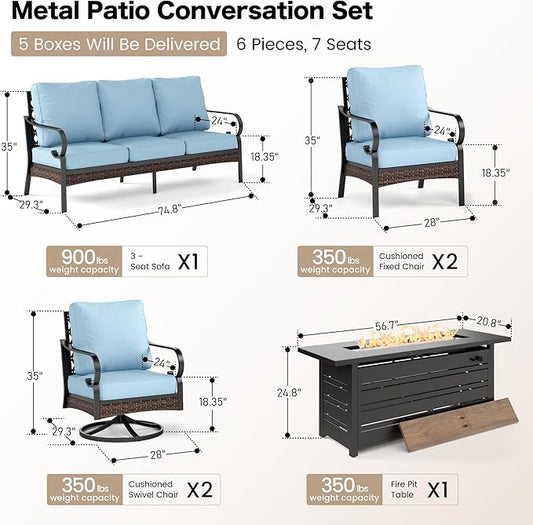 6 Piece Black Metal Outdoor Patio Furniture Sets with Firepit Table, Patio Conversation Sets 1 3-Seater Sofa, 2 Leg Sofa and 2 Swivel Sofa with 5.75" Cushion for Backyard Deck, Blue