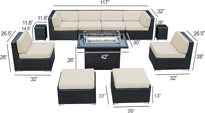 Fully Assembled 11 Piece Ohana Outdoor Patio Furniture Black Wicker Gray Olefin Cover Conversation Set with and 42-inch Propane Gas Fire Table
