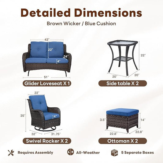 Belord Outdoor Patio Furniture Set - 7 Piece Brown Wicker Conversation Patio Furniture Set All Weather Swivel Chairs with Ottoman and Loveseat Glider Chair for Deck Balcony Backyard