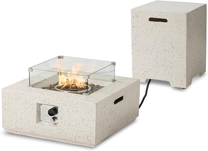 SUNBURY Outdoor 28 Inch Propane Fire Pit Table, Square Fire Table w Tank Table, 40,000 BTU Spotted White Patio Gas Fire Table w Glass Wind Guard, Waterproof Cover, Lava Rocks …