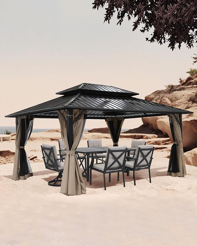 SEEHILL 10' x 12' Hardtop Gazebo, Aluminum Frame Outdoor Patio Gazebo with Netting and Curtains, Outdoor Hardtop Gazebos, Patio Pergolas with Double Metal Roofs for Backyard, Patio, Deck, Sandstone