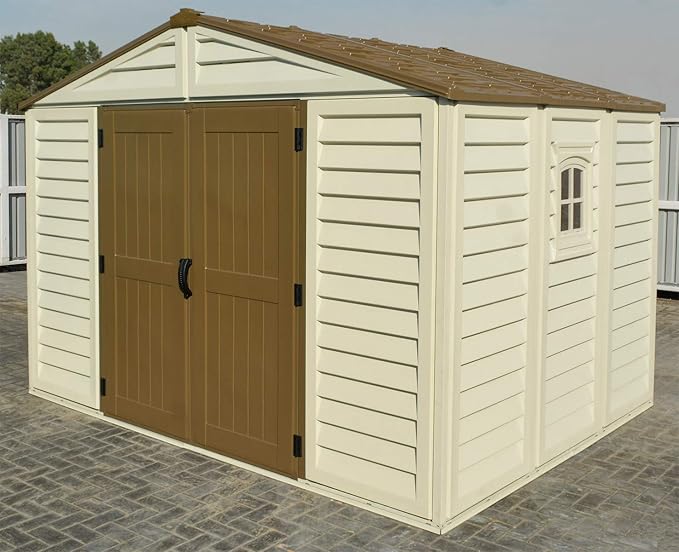 Duramax Woodbridge Plus 10.5 x 8 (8.02 m2) Plastic Garden Shed with 1 Fixed Window & Metal Foundation Kit, Strong Metal Roof Structure Fire Retardant and Maintenance-Free Storage Shed - Ivory/Brown