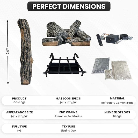 24" Premium Gas Logs - Remote Control Kit Included - for Natural Gas Vented Fireplaces - Blazing Oak Design (Logs + Remote Light Kit)