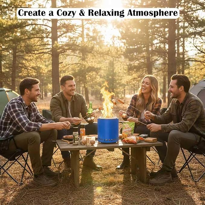 9.5 X 8.6 Inch Tabletop Fire Pit, VivaGarden Portable Firepit, Smokeless Table Top Firepit, Safe Burning Camping Stove, Fueled by Pellets or Wood, Forks, Mat & Travel Bag Included, Blue