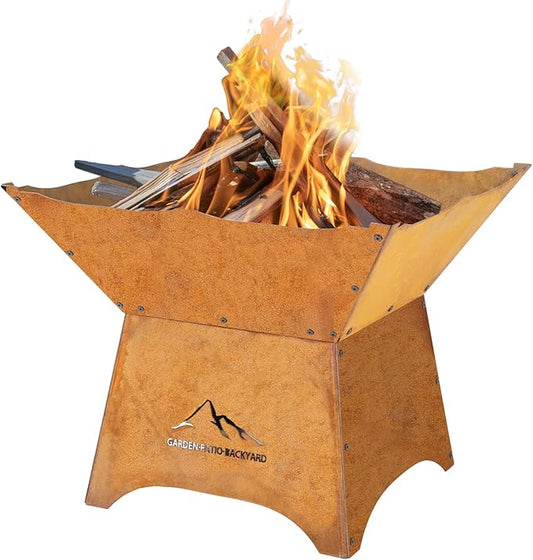 Aoodor 24" Rustic Corten Steel Fire Pit with 12" Stand, Rust Patina Finish, Detachable Wood-Burning Fire Bowl for Outdoors