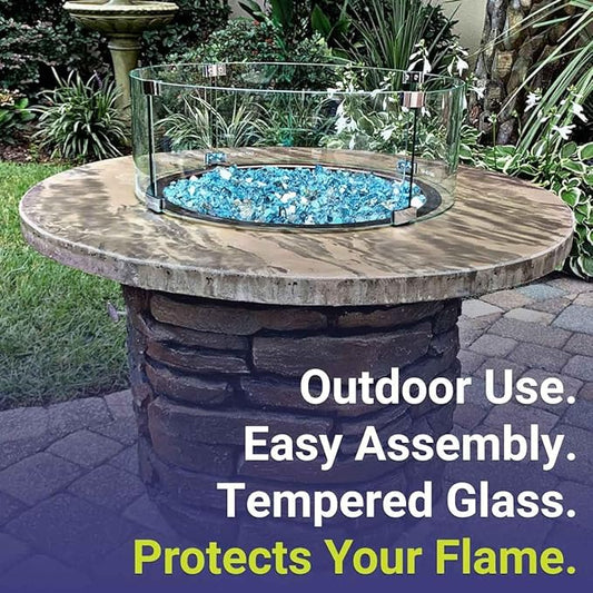 American Fire Products | Tempered Glass Flame Guard for 25” Round Drop-in Fire Pit Pans | Outdoor Wind Guard with Aluminum Fire-Resistant Brackets & Non-Slip Feet | 29-inch x 6-inch