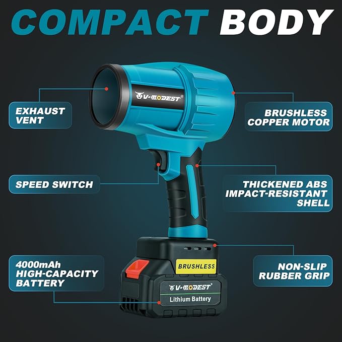 V-MODEST Electric Leaf Blower, Handheld Leaf Blower 500,000RPM Brushless with 4.0Ah Battery, Lightweight Cordless Leaf blowers for Garage Yard Car Deck Cleaning Blowing Leaves Dust Debris
